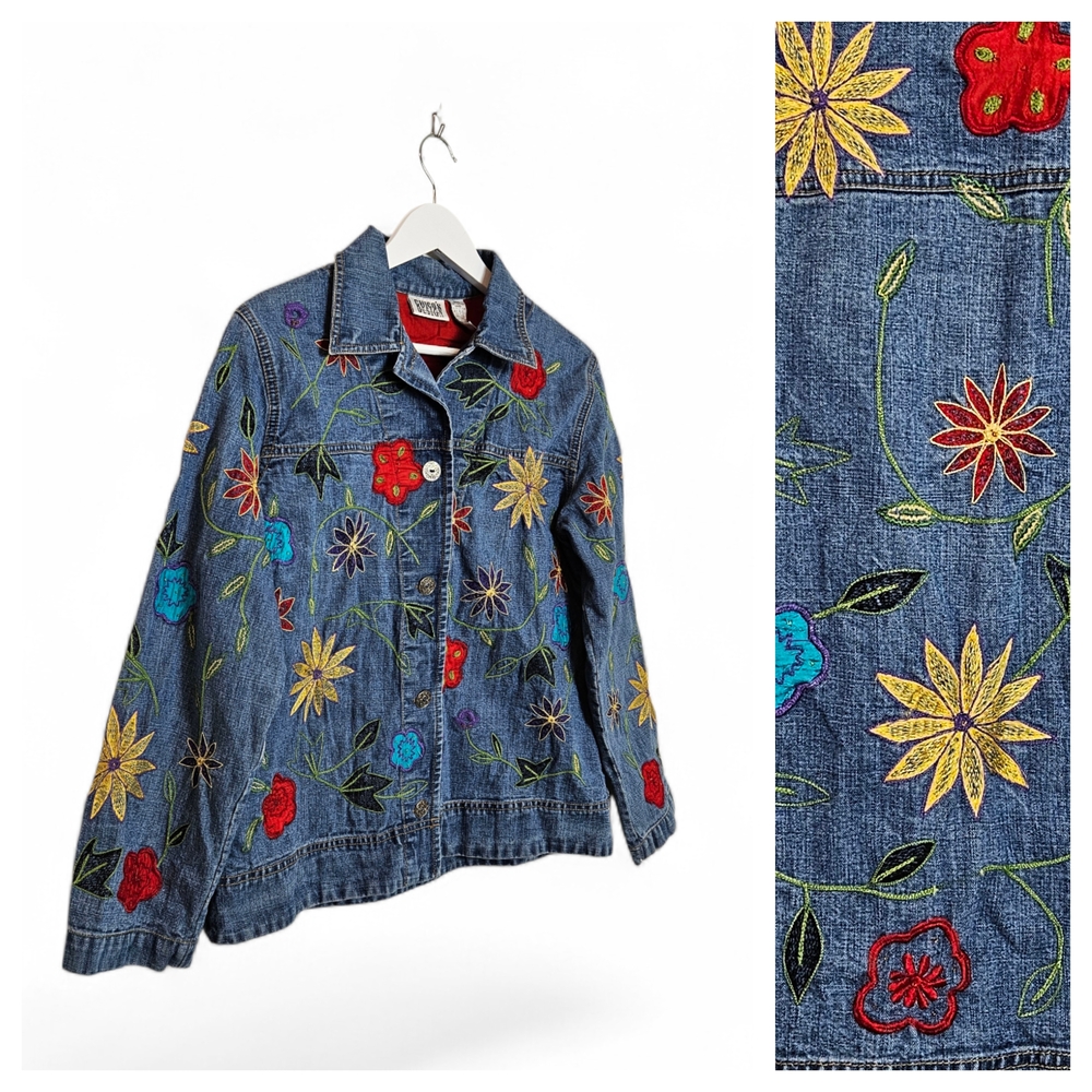 Vintage Chico's Design Jean Jacket Size 1 M Floral Embroidered Boho Cotton Denim